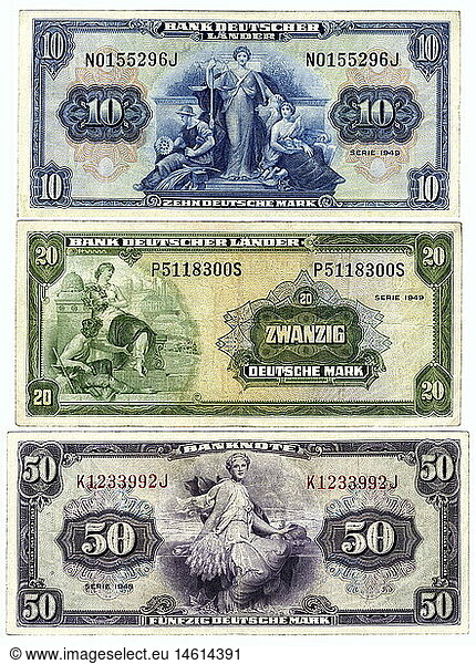 SG hist.  Geld  Scheine  Deutschland  10-Mark-Schein  20-Mark-Schein  50-Mark-Schein  erstes D-Mark-Geld der neugegrÃ¼ndeten Bundesrepublik Deutschland  1949