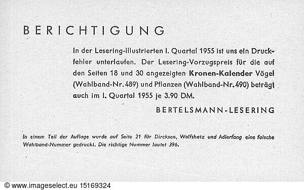 SG hist.  Handel  Buchhandel  Fehlermitteilung des 'Bertelsmann Lesering'  1955