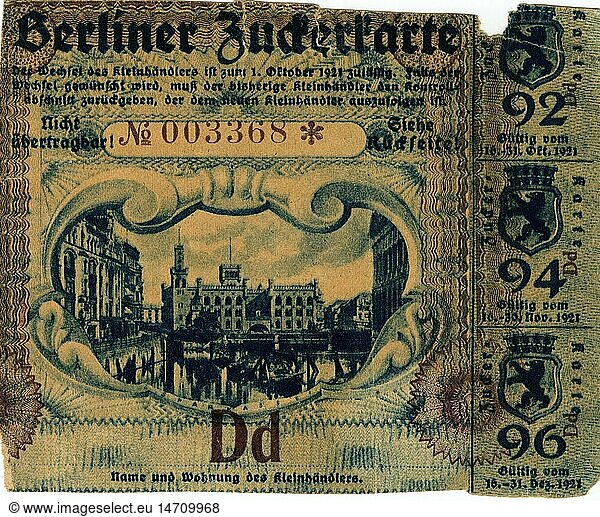 SG hist.  Handel  Lebensmittel  Zuckerkarte (Lebensmittelkarte)  Berlin  Deutschland  1921
