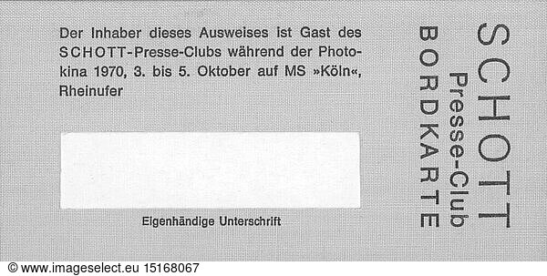 SG hist.  Handel  Messen  Bordkarte fÃ¼r den 'Schott'-Presseclub auf dem Schiff MS 'KÃ¶ln'  wÃ¤hrend der 'Photokina'  3. - 5.10.1970