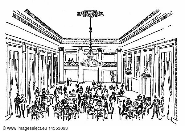 SG hist.  Handel  Messen  Leipziger Buchmesse  Abrechnung der HÃ¤ndler  Illustration  um 1850