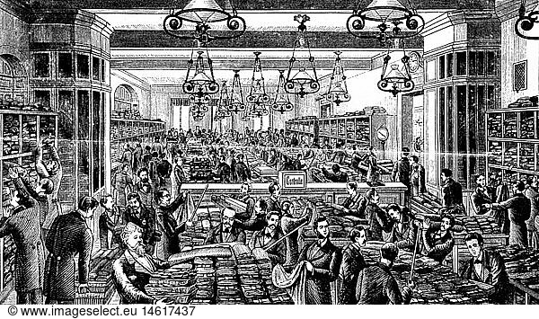 SG hist.  Handel  Warenlager  Abmessung von Herrenstoffen  Xylografie  19. Jahrhundert