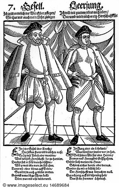 SG hist  Handwerk  Gesellen  Geselle und Lehrling  Holzschnitt  Deutschland  um 1600 SG hist, Handwerk, Gesellen, Geselle und Lehrling, Holzschnitt, Deutschland, um 1600,