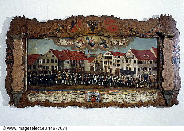 SG hist.  Handwerk  ZÃ¼nfte  Umzugstafel einer Weberzunft  SÃ¼ddeutschland  18. Jahrhundert