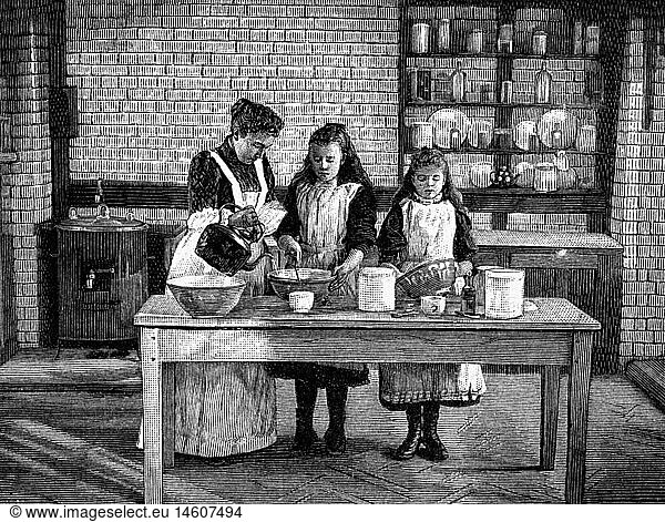 SG hist.  Haushalt  Haushaltungsschule  Ausbildung von HausmÃ¤dchen in einer englischen Haushaltungsschule  praktischer Unterricht  Zubereitung von StÃ¤rke  Xylografie  1895