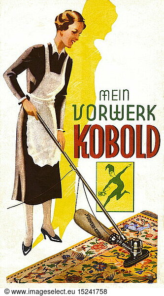 SG hist.  Haushalt  Putzen  Hausfrau mit Staubsauger Vorwerk Kobold  reinigt Teppich  1920er Jahre