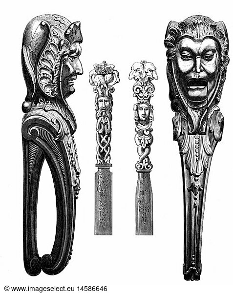 SG hist.  Haushalt  TrinkgefÃ¤ÃŸe  Geschirr  Besteck  geschnitzte NuÃŸknacker  Holz  geschnitzte Messergriffe  Elfenbein  16. Jahrhundert  Xylografie  19. Jahrhundert