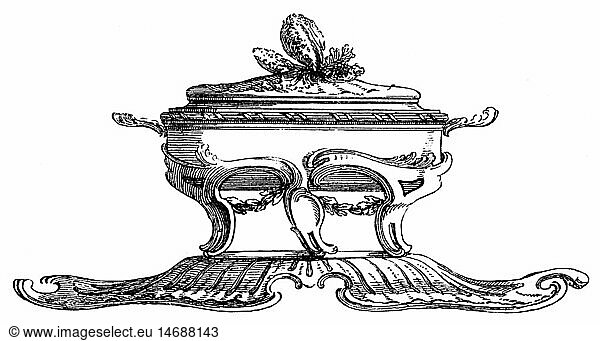 SG hist.  Haushalt  TrinkgefÃ¤ÃŸe  Geschirr  Besteck  Teil eines Tafelservices  Goldschmiedearbeit  von Pierre Germain (um 1645 - 1684)  Frankreich  17. Jahrhundert  Xylografie  19. Jahrhundert