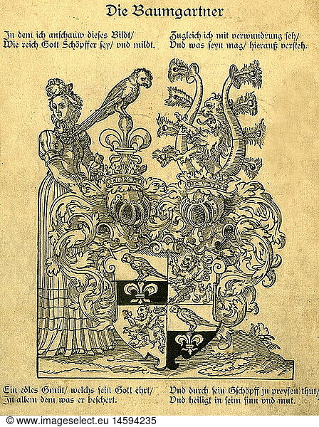 SG. hist.  Heraldik  Wappen  Deutschland  Familie Baumgartner  Kupferstich  16. Jahrhundert