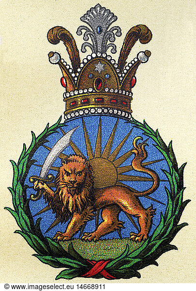 SG hist.  Heraldik  Wappen  Persien  Staatswappen  Chromolithographie  Meyers Konversationslexikon  1908