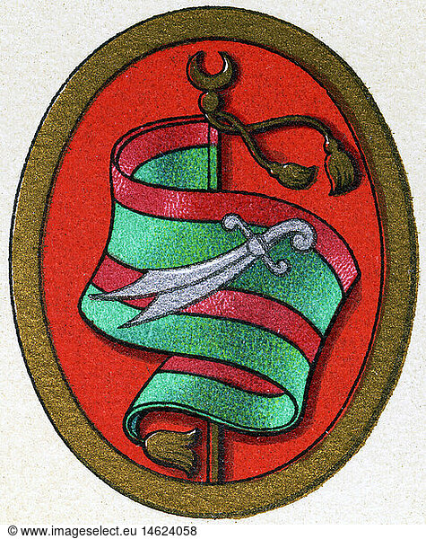 SG hist.  Heraldik  Wappen  Tunis  Staatswappen  Chromolithographie  Meyers Konversationslexikon  1908