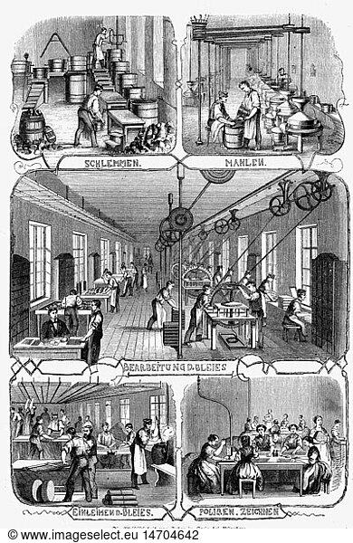 SG hist  Industrie  Schreibwaren  Bleistifte  Schritte der Herstellung  Bleistiftfabrik Faber  Stein  Mittelfranken  Xylografie  um 1875
