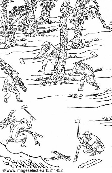 SG hist.  Industrie  Schreibwaren  Tusche  Herstellung von chinesischer Tusche  fÃ¤llen der Kiefern  Holzschnitt  1573 - 1619