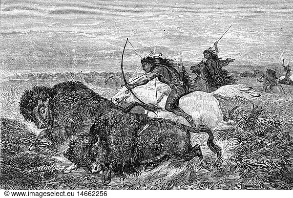 SG hist.  Jagd  BÃ¼ffel  Bisonjagd in Nordamerika  Indianer jagen Bisons in der PrÃ¤rie  Xylografie  2. HÃ¤lfte 19. Jahrhundert