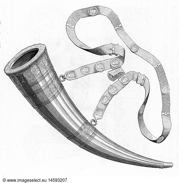 SG hist.  Jagd  Jagdutensilien  Jagdhorn  Elfenbein  England  14. Jahrhundert  Xylografie  19. Jahrhundert