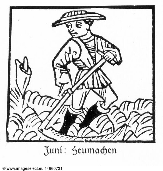 SG hist.  Jahreszeiten  'Juni'  Mann beim Heumachen  Holzschnitt  Druck: Johann BÃ¤mler  Augsburg  um 1483