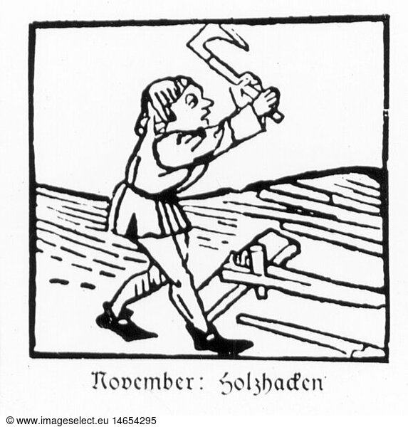 SG hist.  Jahreszeiten  'November'  Mann beim Holzhacken  Holzschnitt  Druck: Johann BÃ¤mler  Augsburg  um 1483