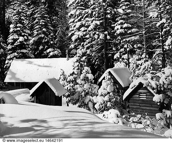 SG hist.  Jahreszeiten  Winter  verschneite BlockhÃ¼tten und verschneite BÃ¤ume  circa 1960er Jahre