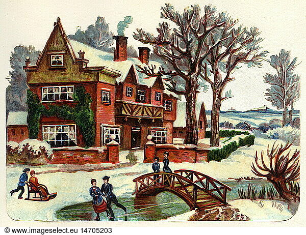 SG hist.  Jahreszeiten  Winter  Winterlandschaft  Poesiebild  Lithographie  Deutschland  um 1880