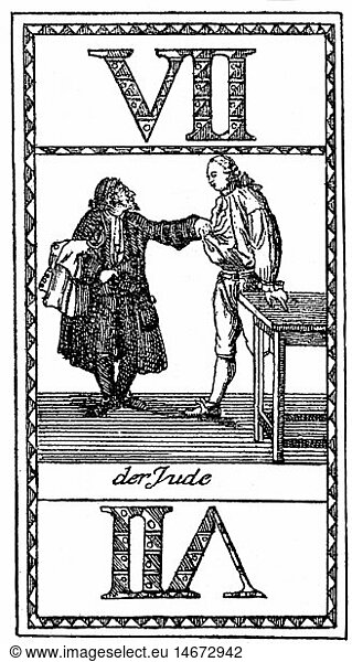 SG hist  Judentum  Karikatur  ein Jude zieht seinem Schuldner das Hemd aus  deutsche Spielkarte  18. Jahrhundert