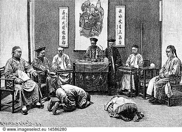 SG hist.  Justiz  Gerichtsszenen  China  chinesische Gerichtssitzung  Xylografie  19. Jahrhundert
