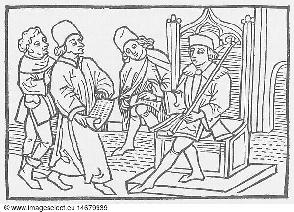 SG hist.  Justiz  Gerichtsszenen  mittelalterliche Gerichtsverhandlung  Holzschnitt  15. Jahrhundert