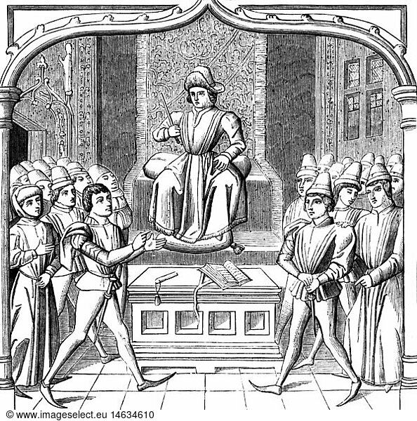 SG hist.  Justiz  Gerichtsszenen  mittelalterliche Gerichtsverhandlung  Radierung  15. Jahrhundert  Nationalbibliothek
