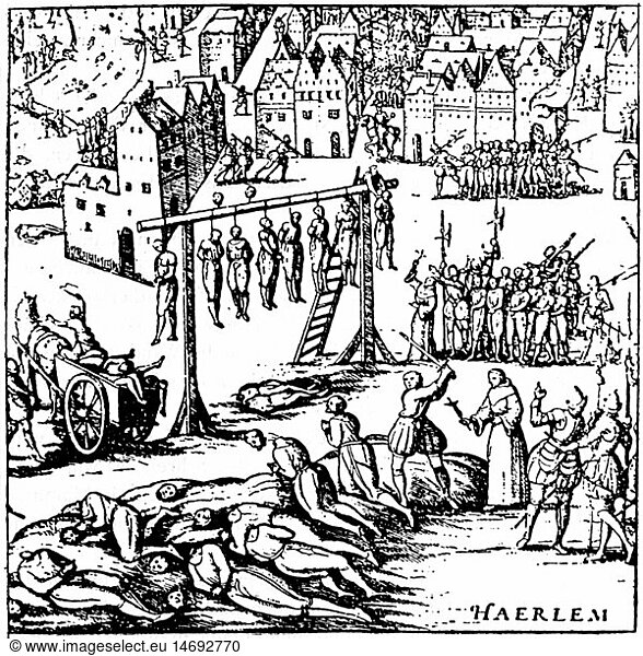 SG hist.  Justiz  Inquisition  Massenhinrichtungen durch die spanische Inquisition  Haarlem  Kupferstich  16. Jahrhundert