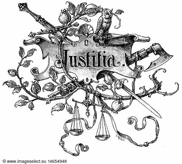 SG hist.  Justiz  'Justitia'  Symbol der Gerechtigkeit  Xylografie  19. Jahrhundert