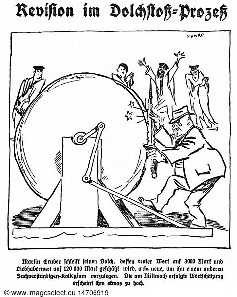 SG hist  Justiz  Prozesse  MÃ¼nchner DolchstoÃŸprozess  19.10.- 20.11.1925  Karikatur  'Revision im DolchstoÃŸ-ProzeÃŸ'  Zeichnung von Scharf  'Welt am Sonntag'  13.12.1925