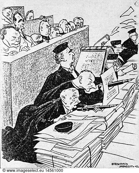 SG hist.  Justiz  Prozesse  NÃ¼rnberger Prozesse  ProzeÃŸ gegen die Hauptkriegsverbrecher  'Die letzte Auffangstellung'  Zeichnung von Kukryniksy  NÃ¼rnberg  1945