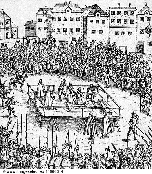 SG hist.  Justiz  Strafvollzug  KÃ¶pfen  Hinrichtung auf dem Marktplatz  Kupferstich  16. Jahrhundert