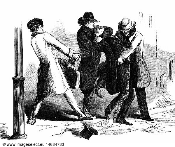 SG hist.  Justiz  Verbrechen  RaubÃ¼berfall  StraÃŸenraub  New York  Xylografie  1857