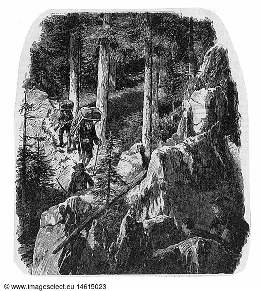 SG hist.  Justiz  Verbrechen  Schmuggel  Schmuggler im Gebirge  Xylografie  um 1900