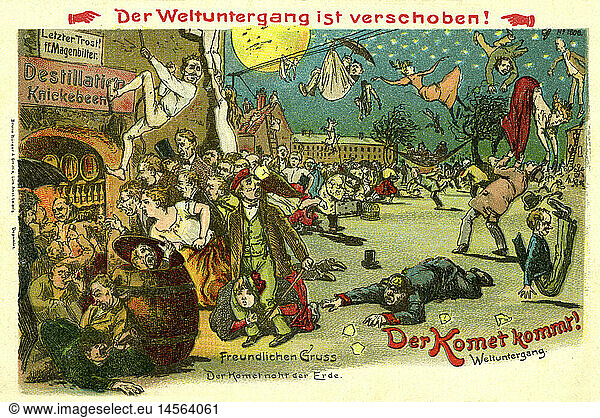 SG hist.  Karikaturen  Angst vor dem Halleyschen Komet  der im Mai 1910 in ErdnÃ¤he kam  Leute waren damals in Panik und befÃ¼rchteten den Weltuntergang  'Der Weltuntergang ist verschoben'  Postkarte  Deutschland  1910