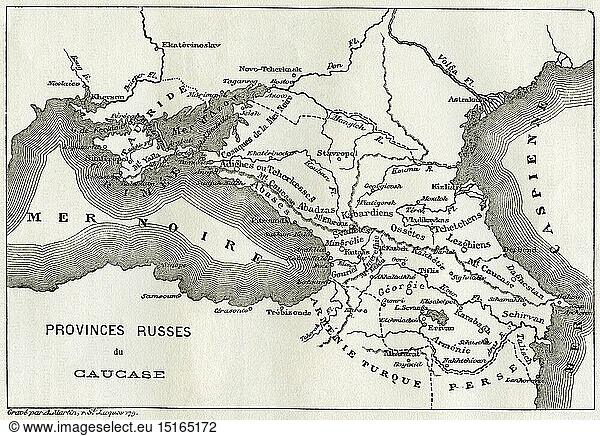 SG hist.  Kartografie  Karte  die das Gebiet zwischen dem Schwarzen Meer und dem Kaspischen Meer zeigt  aus einem Buch / Zeitschrift des 19. Jahrhunderts  gestochen von A. Martin  zu sehen sind Ukraine  Russland  Georgien  Armenien und Aserbaidschan