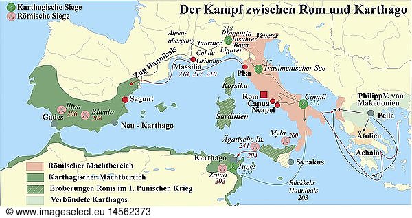 SG hist.  Kartographie  Geschichtskarten  Antike  Kampf zwischen Rom und Karthago  264 - 201 vChr.