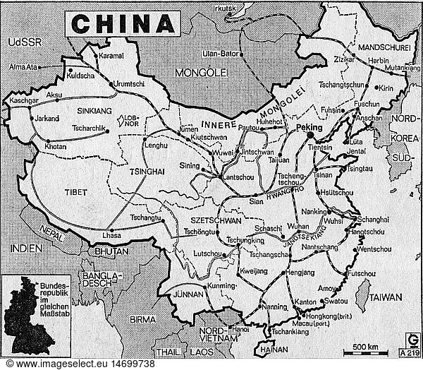 SG hist.  Kartographie  Landkarten  China  Karte mit wichtigsten StraÃŸen und Eisenbahnlinien  alte Bundesrepublik Deutschland zum Vergleich  1972