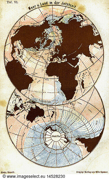 SG hist.  Kartographie  Weltkarten  'Meer und Land in der Jetztzeit'  Illustration  Xylografie  um 1870
