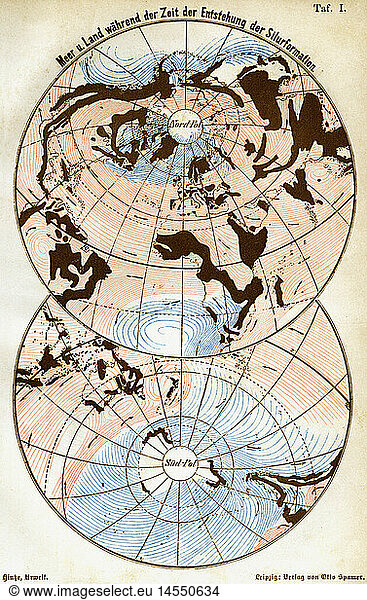 SG hist.  Kartographie  Weltkarten  Meer und Land wÃ¤hrend der Zeit der Entstehung der Silurformation  Illustration  Xylografie  um 1870