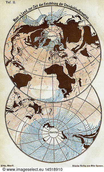 SG hist.  Kartographie  Weltkarten  Meer und Land wÃ¤hrend der Zeit der Entstehung der Steinkohlenformation  Illustration  Xylografie  um 1870