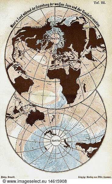SG hist.  Kartographie  Weltkarten  Meer und Land wÃ¤hrend der Zeit der Entstehung der WeiÃŸen Juraformation und der Kreideformation  Illustration  Xylografie  um 1870
