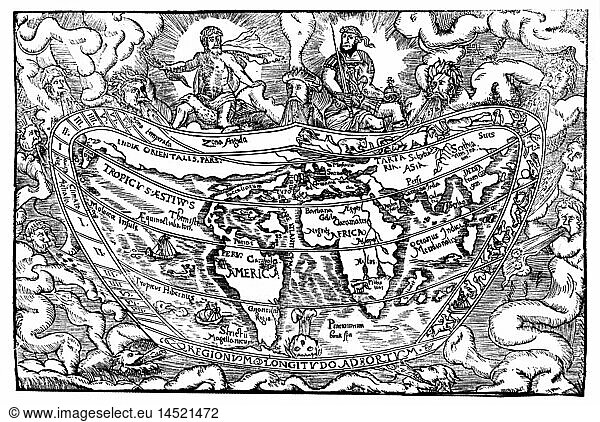 SG hist.  Kartographie  Weltkarten  Weltkarte aus der Weltchronik von Marcin Bielski  Holzschnitt  Polen  1551