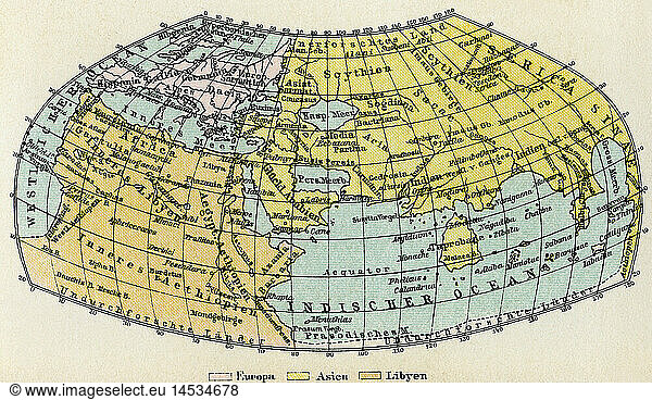 SG hist.  Kartographie  Weltkarten  Weltkarte nach 'Almagest' von Claudius PtolemÃ¤us  um 150 n.Chr.  Xylografie  19. Jahrhundert