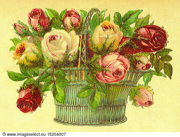 SG hist.  Kitsch  Blumenkorb mit Rosen  Lithografie  Deutschland  1893