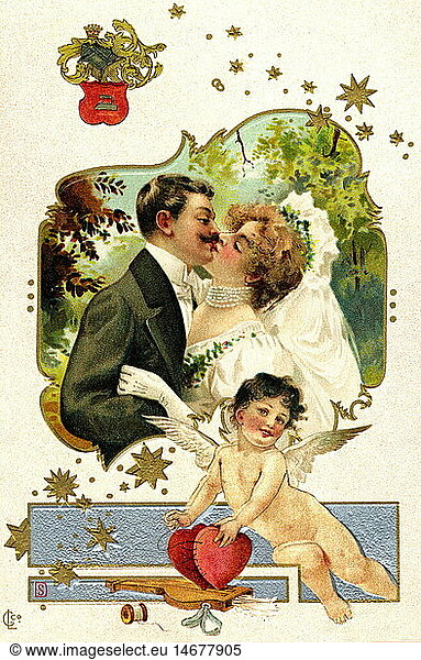 SG hist.  Kitsch  Hochzeitspaar mit Liebesengel  Deutschland  um 1905