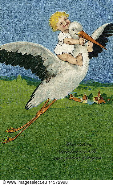 SG hist.  Kitsch / Karten  Klapperstorch  Baby reitet auf dem Storch  'Herzlichen GlÃ¼ckwunsch zum frohen Ereignis'  Deutschland  1914