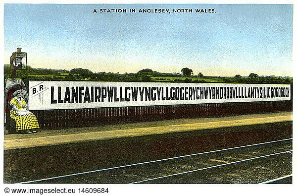 SG hist.  Kuriosa  Bahnstation in North Wales  sehr langer walisischer Ortsname  Anglesey  Großbritannien  um 1925