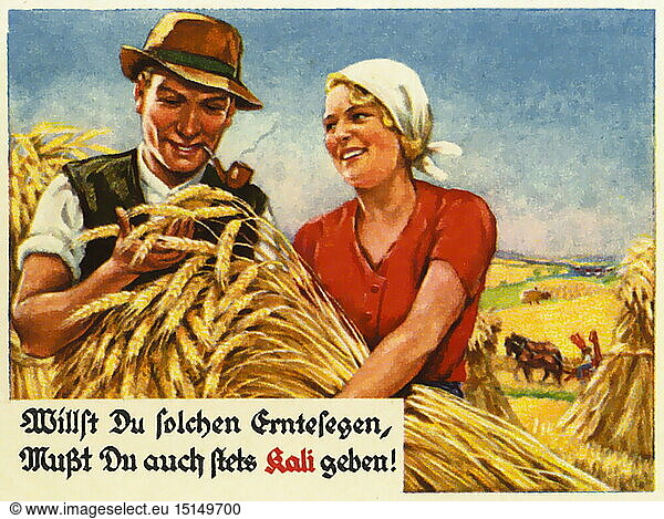 SG hist.  Landwirtschaft  Ernte  Bauer und BÃ¤uerin bei der Ernte  freuen sich Ã¼ber die reifen Ã„hren  Werbung fÃ¼r Kali-DÃ¼nger  Deutschland  um 1938 SG hist., Landwirtschaft, Ernte, Bauer und BÃ¤uerin bei der Ernte, freuen sich Ã¼ber die reifen Ã„hren, Werbung fÃ¼r Kali-DÃ¼nger, Deutschland, um 1938,