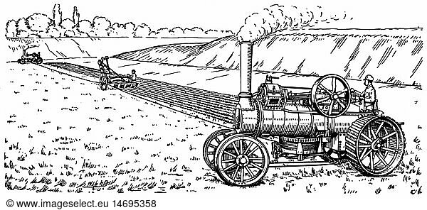 SG hist.  Landwirtschaft  Maschinen  Dampfpflug mit Lokomobil  Xylografie  Anfang 20. Jahrhundert